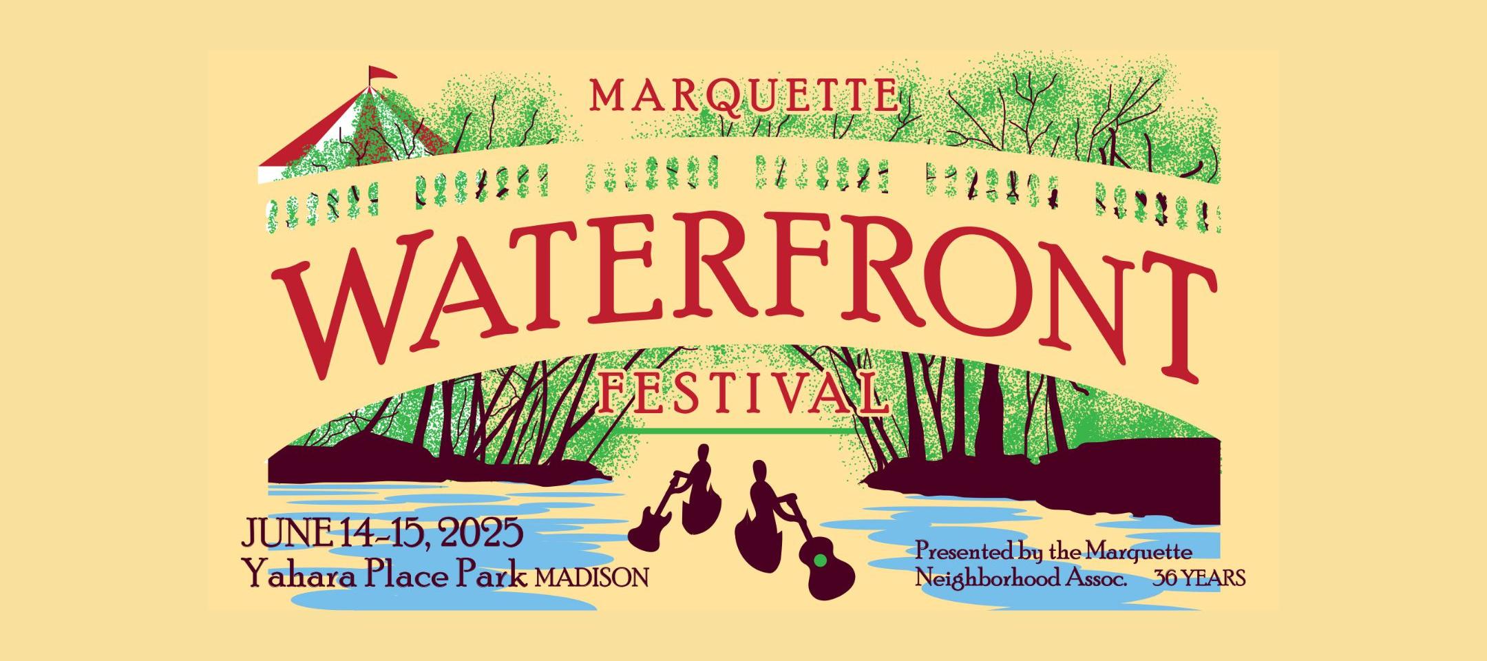 A banner displaying the text "Waterfront Festival" and "June 14 - 15, 2025"